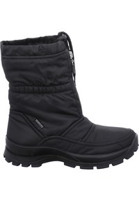 Botas de invierno negras aisladas con parte superior acolchada, cuello elástico, cremallera lateral y suela de goma texturizada. Presenta un logo discreto.