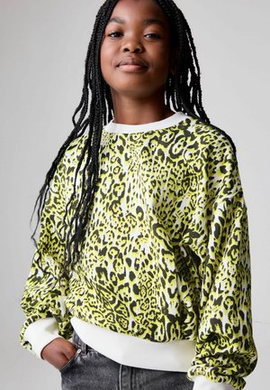 Groen en zwart luipaardpatroon sweatshirt met een witte ronde hals en manchetten, met een ontspannen pasvorm en zachte textuur.