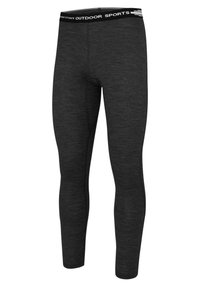 Schwarze Sportleggings mit glatter Textur, ausgestattet mit einem kontrastierenden weißen Logo auf dem elastischen Bund. Figurbetontes Design.