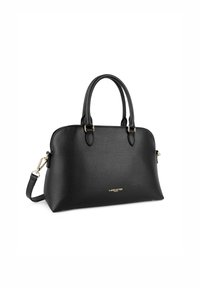 Borsa a mano in pelle nera con finitura texturizzata, doppi manici superiori, tracolla rimovibile e dettagli in metallo dorato. Include una chiusura con zip.