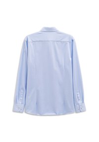 Helles blaues Langarmhemd aus glattem Stoff, mit klassischem Kragen, geknöpften Manschetten und einem geraden Rücken ohne Verzierungen.