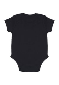 Černý krátký rukávový overal vyrobený z měkké bavlny. Má kulatý výstřih a zapínání na patentky na spodní části. Hladký povrch bez vzorů a akcentů.