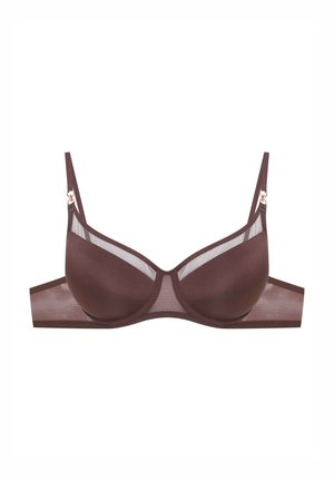 Brown underwire bra featuring smooth cups, sheer mesh accents, adjustable straps, and metal hardware detailing.