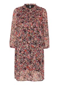 Šaty s květinovým motivem, zdobené volánkovým límcem a dlouhými rukávy. Vyrobené z průsvitné látky v odstínech růžové, oranžové a černé, s volným st�řihem.