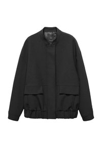 Veste bomber noire avec col mandarin, deux poches plaquées à l'avant, ourlet et poignets élastiques, réalisée en tissu doux.