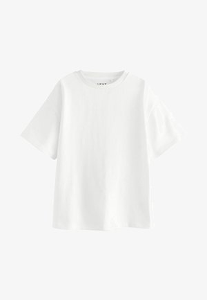 T-shirt bianco in cotone con maniche corte, scollo rotondo e vestibilità rilassata. Texture liscia, orlo standard, senza fantasie o dettagli.