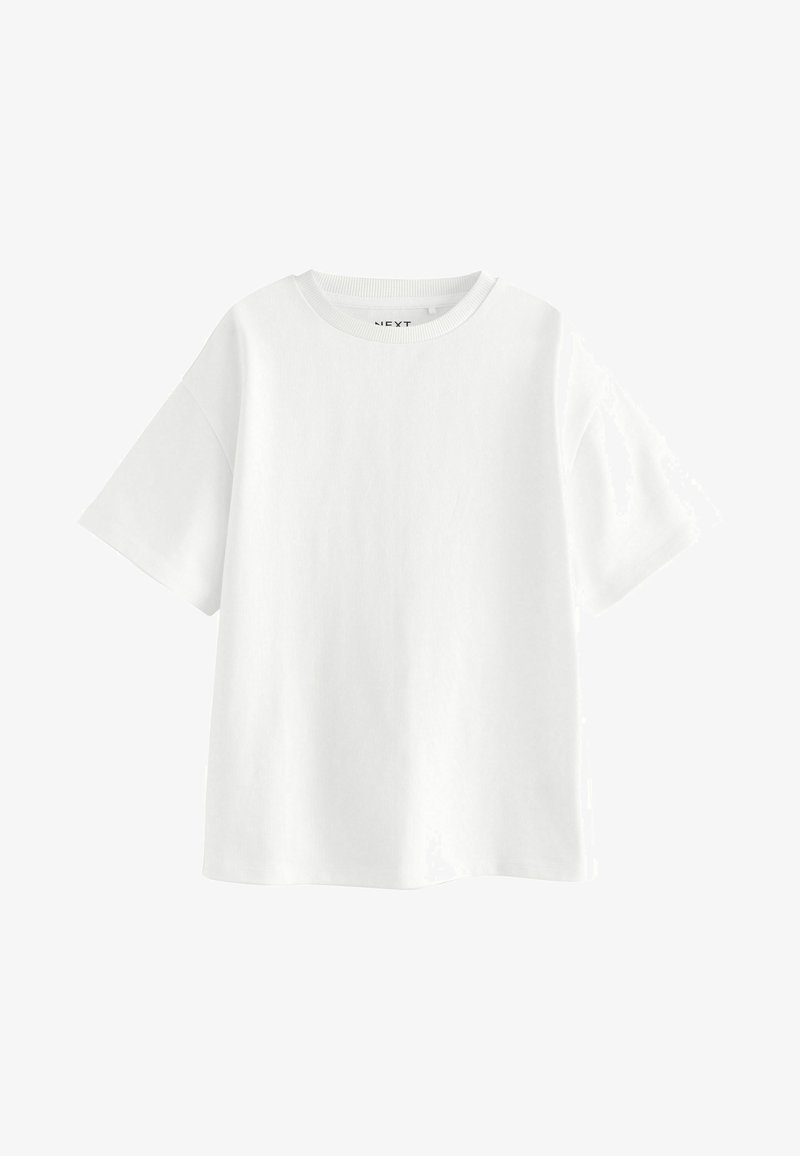 Valge puuvillane T-särk lühikeste varrukatega, ümar kaelus ning lõdvestunud istuvus. Sile tekstuur, tavaline ääreviimistlus, ilma mustrite ja aktsentideta.