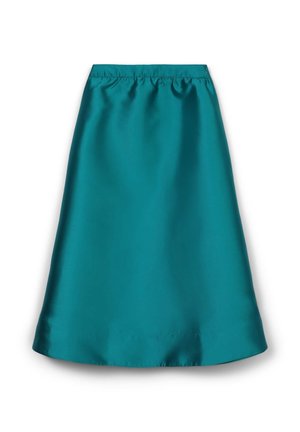 Tropfenblau satinierte A-Linien-Rock mit elastischem Bund. Glatte Textur, knielang und ein schlichtes Design ohne zusätzliche Verzierungen.