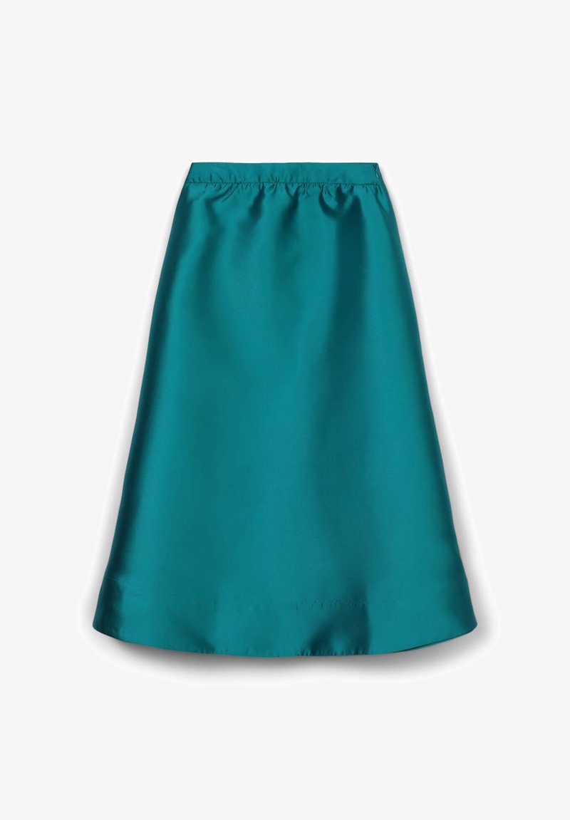 Tropfenblau satinierte A-Linien-Rock mit elastischem Bund. Glatte Textur, knielang und ein schlichtes Design ohne zusätzliche Verzierungen.