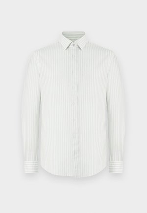 Vaaleanvihreä pitkähihainen paita, jossa valkoiset pystysuorat raidat, napitettava edusta, tavanomainen kaulus, teksturoitu puuvillakangas ja napilliset hihansuut.