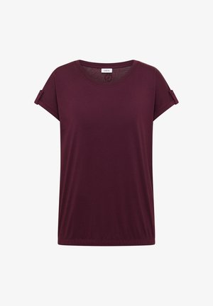 Dames shirt met korte mouwen in kastanjebruin, met ronde halslijn en met knopen bevestigde banden op elke mouw, eenvoudig ontwerp en zachte stof.