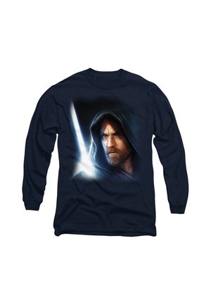 Navy long-sleeve shirt with a graphic of a bearded person wearing a hood and holding a glowing lightsaber.
