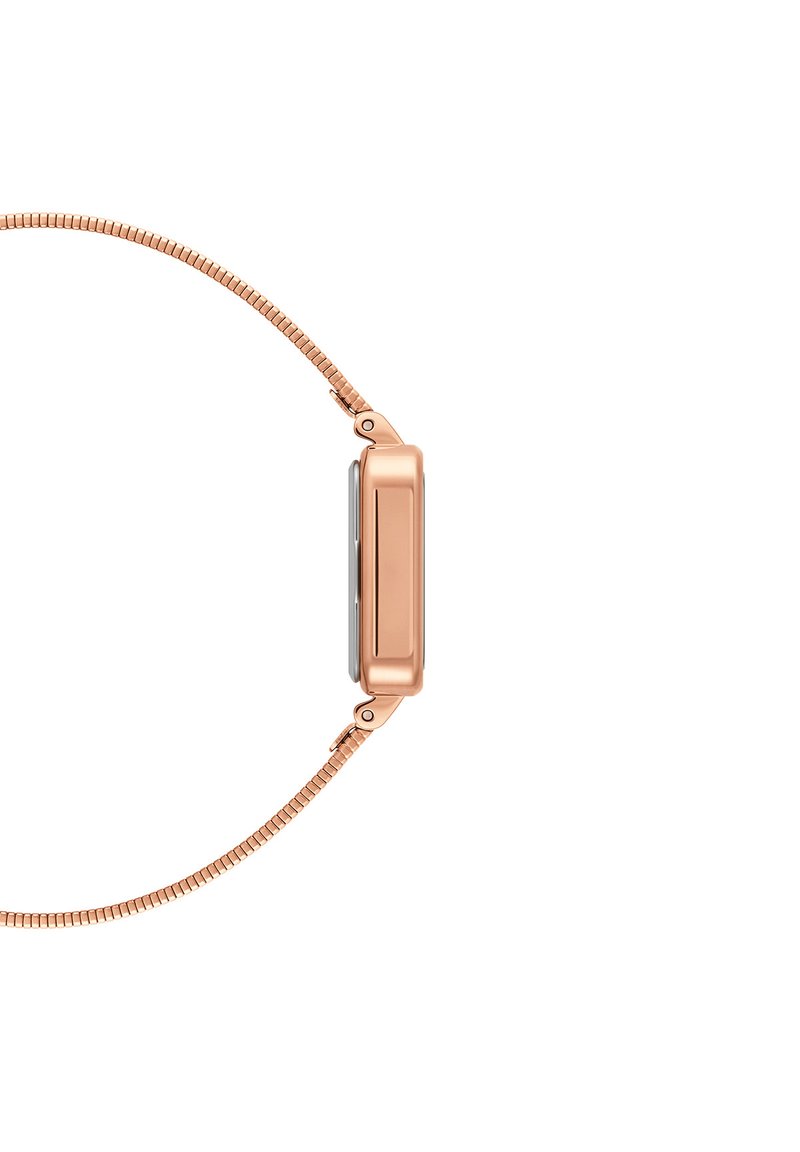 Szykowny zegarek smartwatch w kolorze różowego złota o prostokątnym korpusie i elastycznym pasku z siatki, charakteryzujący się minimalistycznym designem i gładkim metalicznym wykończeniem.