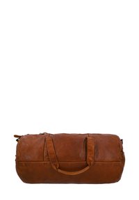 Borsa duffel in pelle marrone con due manici, chiusura zip e forma arrotondata. Presenta una texture liscia e un design minimale.