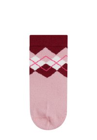 Sock with pink, white, and burgundy argyle pattern and dark red cuff, isolated on white background.