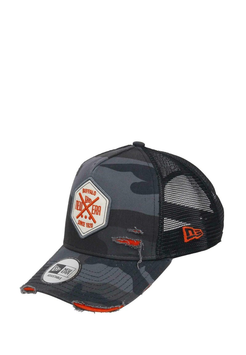 Black and gray camo trucker cap with a distressed front, mesh sides, and an embroidered logo. Features an orange accent on the right side.