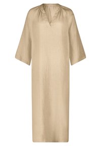 Beige, polven pituinen pellavaseosmekko, jossa on V-kaula-aukko ja lyhyet hihat. Ominaisuuksiin kuuluu rento istuvuus ja hienovarainen rakenne, joka sopii arkikäyttöön.