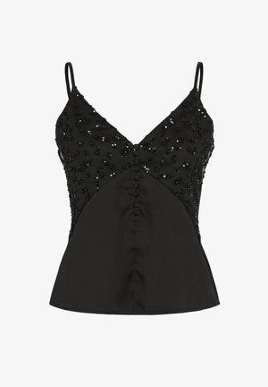 Zwarte satijnen camisole met verstelbare bandjes, versierd met zwarte pailletten en een knoopdetail aan de voorkant. Aansluitend silhouet met een uitlopende zoom.