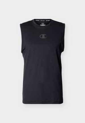 Schwarzes ärmelloses Sportshirt mit rundem Ausschnitt und dezentem, dunklem Champion-Logo mittig auf der Brust vor hellem Hintergrund.
