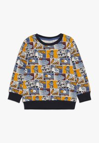 Sudadera de algodón con un patrón de tira cómica en naranja, azul y blanco, con un cuello y puños de canalé en navy.