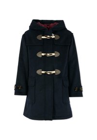 Cappotto duffle blu navy con cappuccio, tre chiusure a corda e pelle, tasche frontali con pattina e cinturini con bottoni sulle maniche.