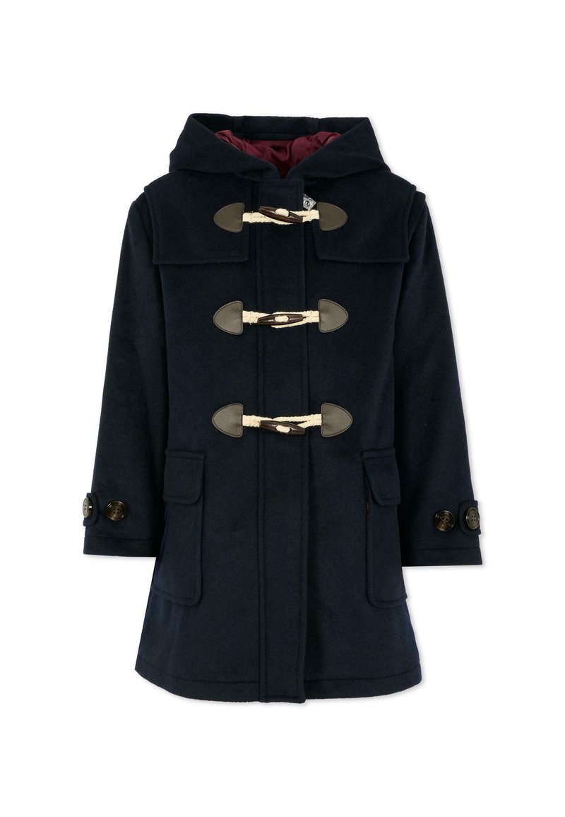 Cappotto duffle blu navy con cappuccio, tre chiusure a corda e pelle, tasche frontali con pattina e cinturini con bottoni sulle maniche.