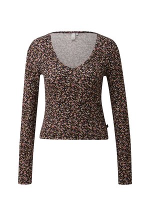 Top a maniche lunghe realizzato in tessuto elastico, con sfondo nero e piccoli motivi floreali rosa e gialli. Design a V, forma aderente.