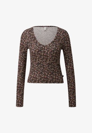 Haut à manches longues en tissu extensible, avec un fond noir agrémenté de petits motifs floraux roses et jaunes. Design en V, coupe ajustée.