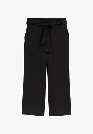 Schwarze weit geschnittene Hosen aus strukturiertem Stoff, mit einem taillierten Bund und einem lockeren Schnitt, in einem glatten, ungeschmückten Design.
