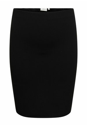 Jupe crayon noire ajustée avec un ourlet droit et une petite étiquette blanche à l'intérieur de la ceinture au centre du dos.