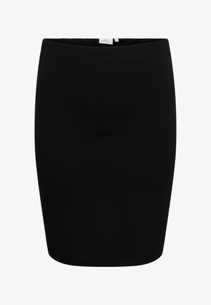 Czarna dopasowana spódnica ołówkowa z prostym dołem i małą białą metką wewnątrz pasa z tyłu na środku.
