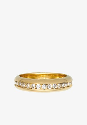 Goldener Ring mit einer Reihe kleiner klarer Edelsteine, die entlang des äußeren Rings auf weißem Hintergrund eingesetzt sind.