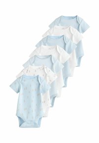 Sæt med otte kortærmede babyheldragter i blå og hvid. Forskellige mønstre inkluderer blomster, prikker og striber. Blødt bomuldsmateriale.