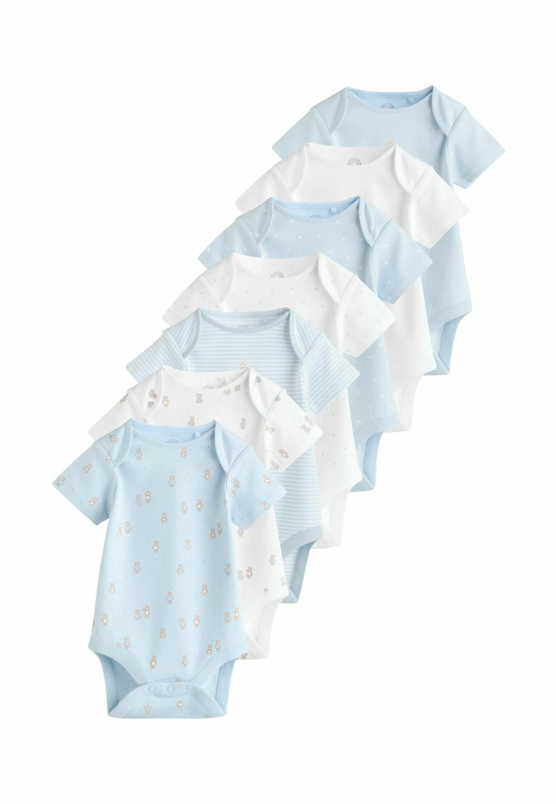 Sæt med otte kortærmede babyheldragter i blå og hvid. Forskellige mønstre inkluderer blomster, prikker og striber. Blødt bomuldsmateriale.