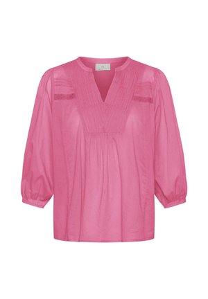 Rosa Bluse mit V-Ausschnitt, plisseeartiger Front und dreiviertellangen Puffärmeln. Hergestellt aus leichtem Stoff mit feiner Textur und dekorativen Details.