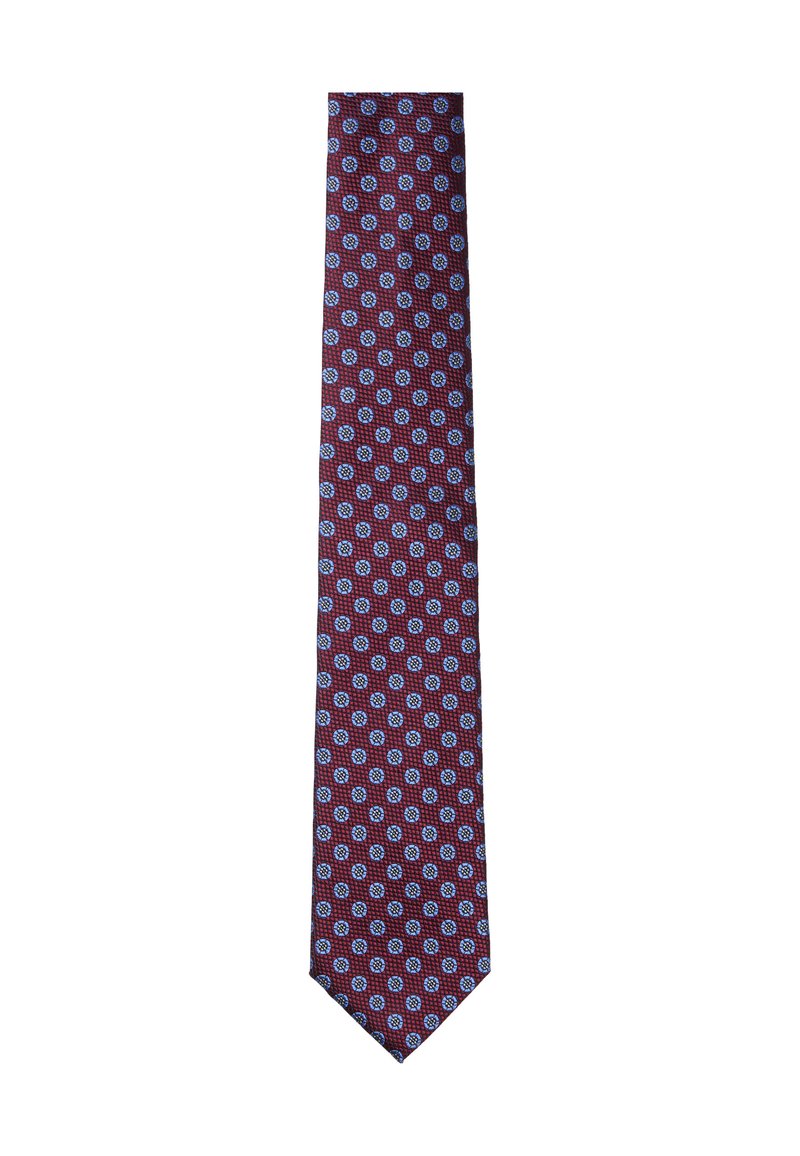Bordeauxfarbige Krawatte mit einem sich wiederholenden blauen Blumenmuster. Schlankes Design, aus gewebtem Stoff mit strukturierter Oberfläche. Spitz zulaufende Spitze.