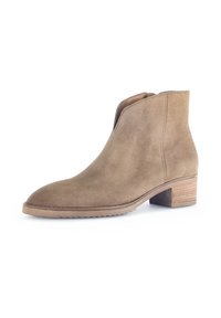 Braune Wildleder-Ankle-Boots mit runder Zehenform, ausgeschnittenen Seiten und einem strukturierten Holzabsatz. Glatte Oberfläche, minimale Details und eine strapazierfähige Sohle.