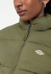 Giacca imbottita verde oliva, con colletto alto, chiusura con zip e logo. Texture liscia con design trapuntato e dettaglio della zip.
