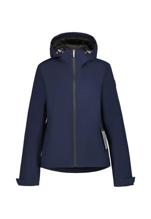 Chaqueta azul marino con cremallera, capucha, mangas largas y etiqueta en el bolsillo lateral, mostrada sobre fondo blanco.