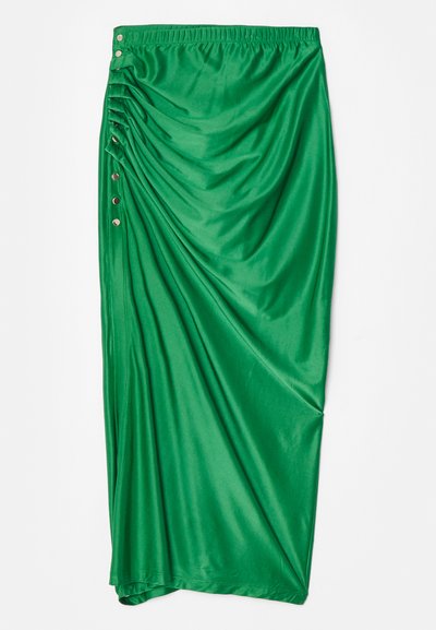 Žalia satino maksi sijonas su susiraukšlėjimu, turintis penkis dekoratyvinius sidabrinius mygtukus šone ir elastinį juosmenį.