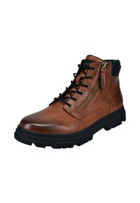 Braune Leder-Stiefelette mit schwarzem Kragen, Schnürung an der Vorderseite und seitlichem Reißverschluss. Sie zeichnet sich durch eine strukturierte Oberfläche und eine robuste schwarze Gummisohle aus.
