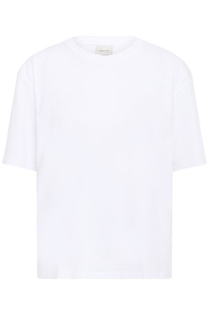 Biele jednoduché tričko s krátkym rukávom, okrúhlym výstrihom a voľným strihom, so štítkom značky vo vnútri goliera.