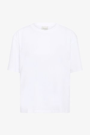Plain white short-sleeve crew neck t-shirt with a loose fit and a small brand label inside the collar.