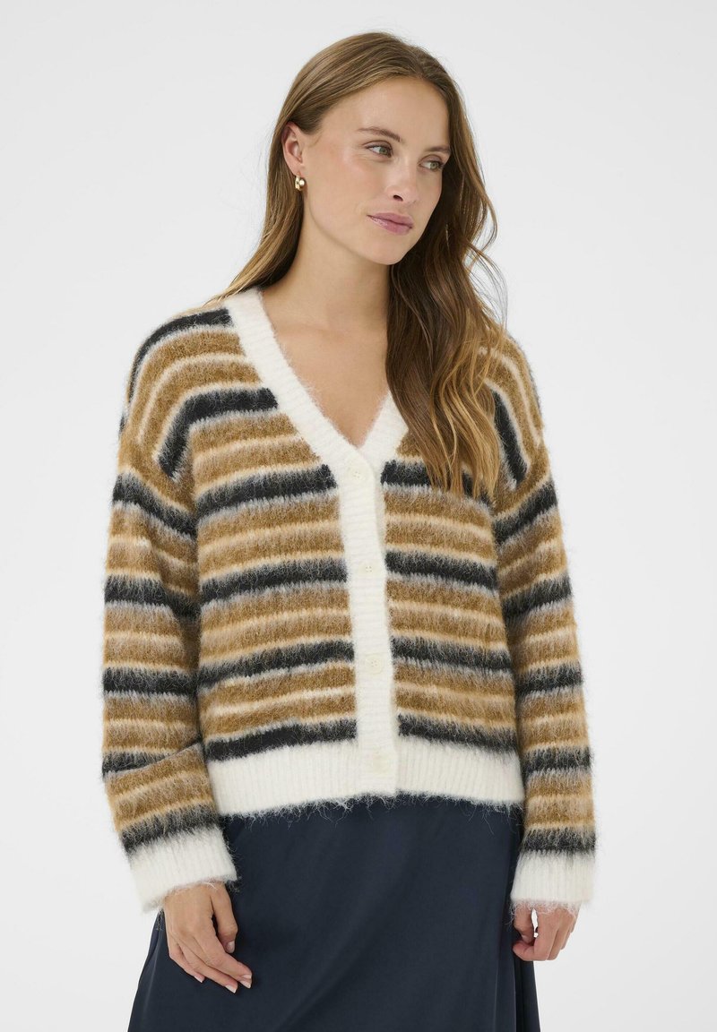 Gestreepte cardigan met tinten bruin, wit en zwart. Gemaakt van zacht, pluizig materiaal met een V-hals, knoopsluiting en geribbelde manchetten.