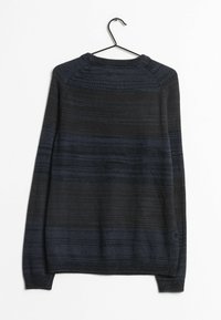 Mörkblå och svart randig tröja med långa ärmar, strukturerad stickad mönster, rund hals och en hängande ögla på baksidan.