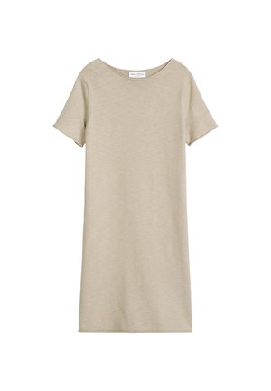 Beige short-sleeve casual dress with round neckline and straight cut, lightweight fabric, label visible at collar.