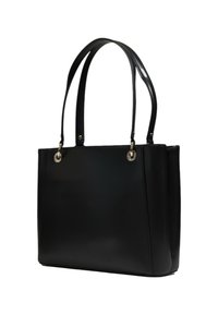 Schwarze Leder-Shopper-Tasche mit doppelten Griffen, silbernen Hardware-Elementen, glatter Oberfläche, rechteckiger Form und minimalistischem Design.