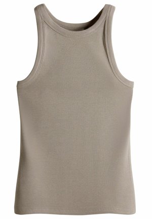 Grå ribbad tanktopp med rund halslinning och breda ärmhål. Tillverkad av ett mjukt tyg med en slät yta. Enkel design, inga utsmyckningar.