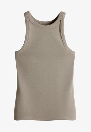 Débardeur gris à côtes avec un col rond et de larges emmanchures. Fabriqué dans un tissu doux au toucher lisse. Design simple, sans embellissements.
