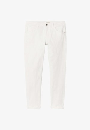 Jean blanc droit avec fermeture à boutons, poches avant et arrière, et passants pour ceinture, posé à plat sur un fond uni.